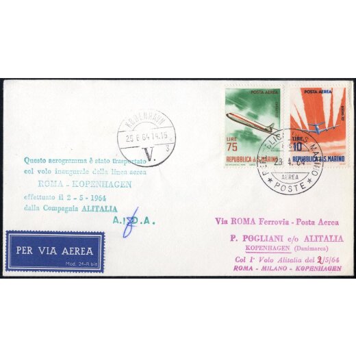 1964, 1. Volo Roma - Kopenhagen, lotto quattro lettere, Italia (2), San Marino, Vaticano