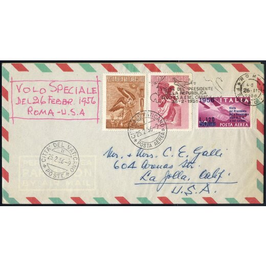 1956, 1. Volo Roma - Stati Uniti, lettera con affrancatura mista Italia - Stati Uniti