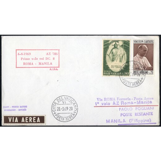 1969, 1. Volo Roma - Manila, lotto tre lettere, Italia, Vaticano e San Marino