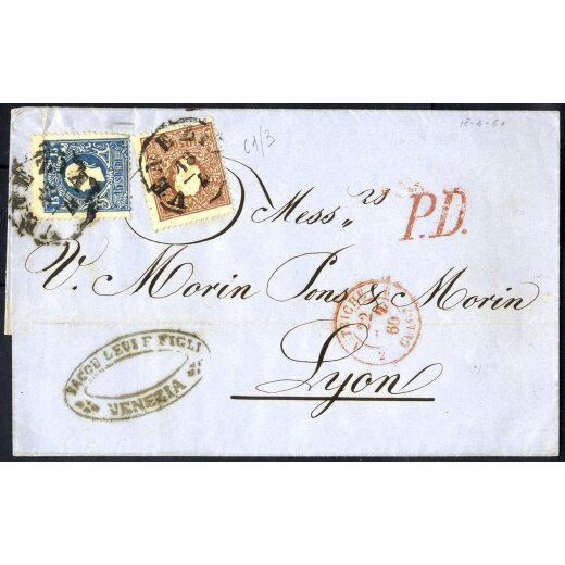1859, Lettera da Venezia 18.4.1860 per Lyon affrancata con 10 Soldi bruno + 15 Soldi azzurro (due denti tagliati a destra), fresca (Sass. 31+32)