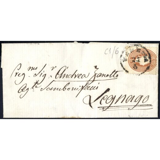 1862, 10 Soldi bruno mattone su lettera del 21.5.1863 per Legnago (Sass. 34 / 250,-)