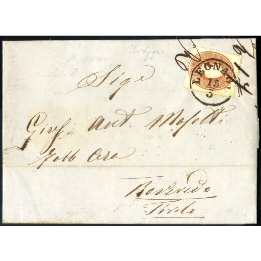 1862, 10 Soldi bruno mattone su lettera da Legnago 15.3.1863 per Rovereto (Sass. 34 - 250,-)