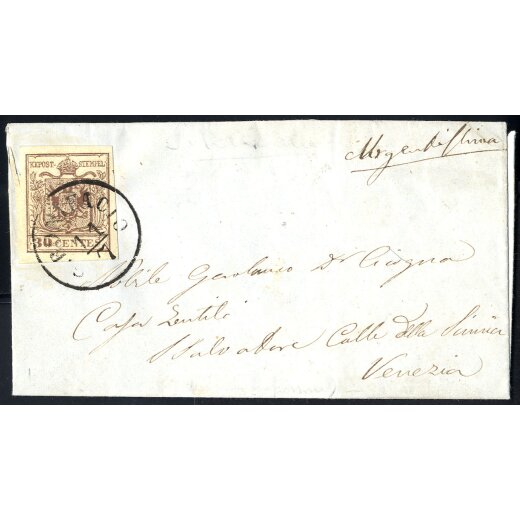 1854, 30 Cent. bruno, carta a macchina, su lettera da S. Bonifacio 11.7.1858 per Venezia (Sass. 21)