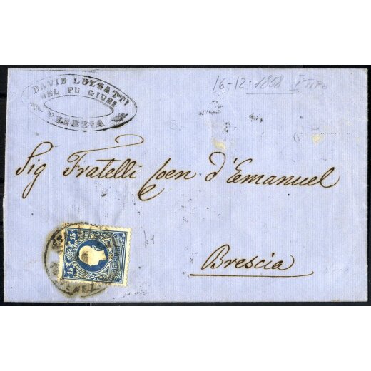 1858, 15 Soldi azzurro, primo tipo, su lettera della terza distanza da Santa Lucia in Venezia 16.12.1858 per Brescia (Sass. 27 / 875,-)