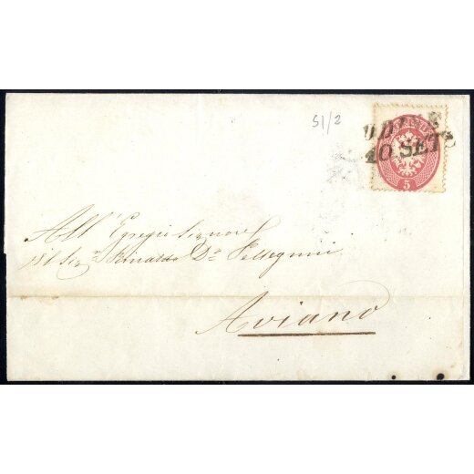 1863, 5 Soldi rosa su lettera da Udine per Aviano (Sass. 38)