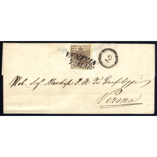 1850, 30 Cent. bruno rossastro su lettera da Venezia 7.5.1852 per Verona (Sass. 7f)