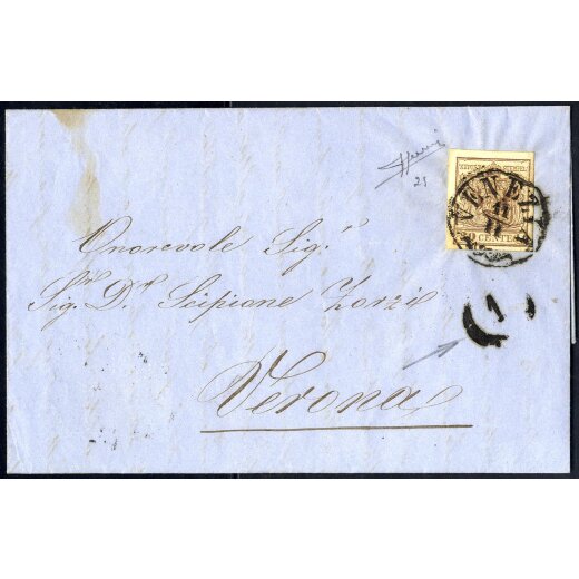 1854, 30 Cent. bruno, carta a macchina, su lettera da Venezia n11.11.1857 per Verona, firm. Sorano (Sass. 21)