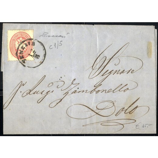 1863, 5 Soldi rosso su lettera da Venezia per Dolo, firm. Vaccari (Sass. 38)