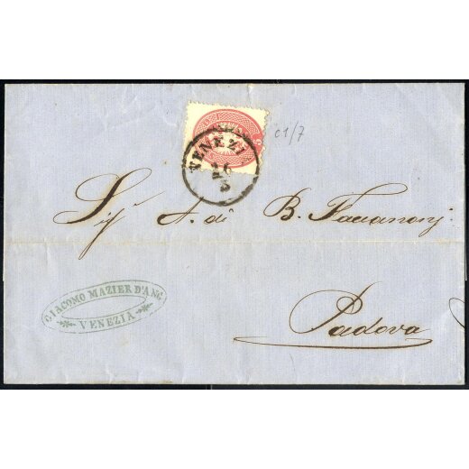 1863, 5 Soldi rosa su lettera da Venezia per Padova (Sass. 38)