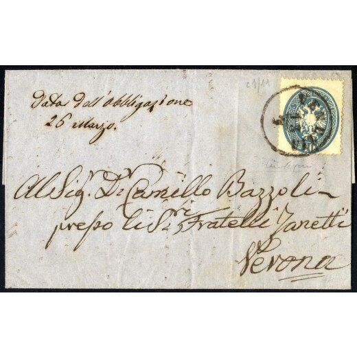 1863, 10 Soldi azzurro su lettera da Venezia 13.4. per Verona (Sass. 39 - 300,-)