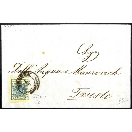 1854, 45 Cent. azzurro, carta a macchina, su lettera da Verona per Trieste (Sass. 22)