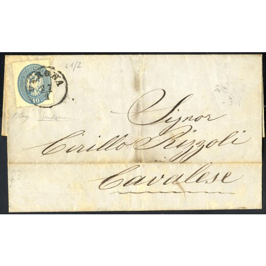 1863, 10 Soldi azzurro su lettera da Verona 27.1. per Cavalese, firm. Oliva (Sass. 39)