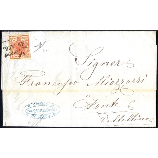 1850, 15 Cent. rosso vemiglio su lettera da Lecco, firm. Sorani (Sass. 3e - ANK 3HI)
