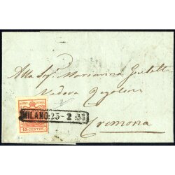 1850, 15 Cent. rosso vemiglio su lettera da Milano...