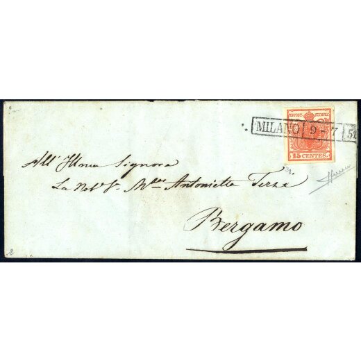 1850, 15 Cent. rosso vemiglio intenso su lettera da Milano 9.7.1851, firm. Sorani (Sass. 3g - ANK 3HI)