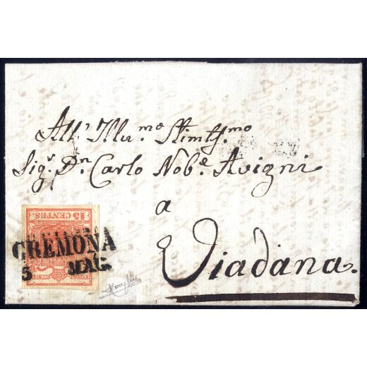 1850, 15 Cent. rosso vemiglio intenso su lettera da Cremona, firm. Raybaudi (Sass. 3g - ANK 3HI)