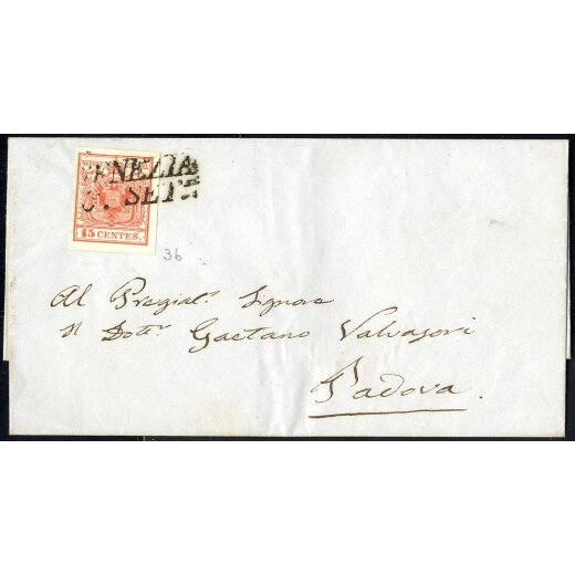 1850, 15 Cent. rosso carminio, prima tiratura, su lettera da Venezia (Sass. 3b - ANK 3HI - Erstdruck)