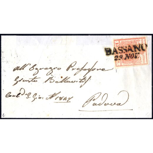 1850, 15 Cent. rosso vermiglio, primo tipo, su lettera da Bassano (Sass. 3e - ANK 3HI)