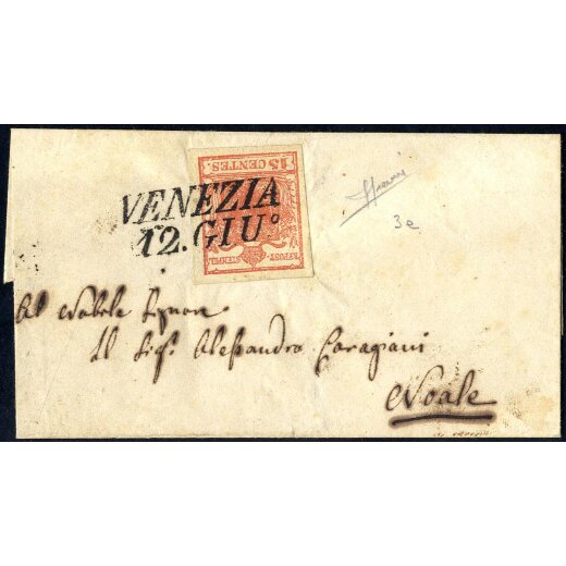 1850, 15 Cent. rosso vermiglio, primo tipo, su lettera da Venezia, firm. A. Sorani (Sass. 3e - ANK 3HI)