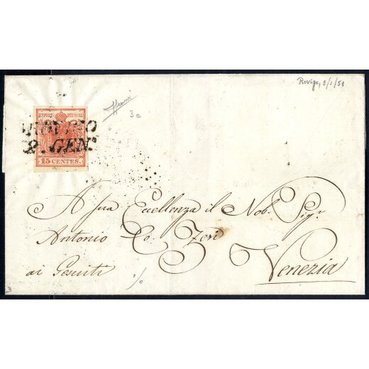 1850, 15 Cent. rosso vermiglio, primo tipo, su lettera da Rovigo, firm. A. Sorani (Sass. 3e - ANK 3HI)