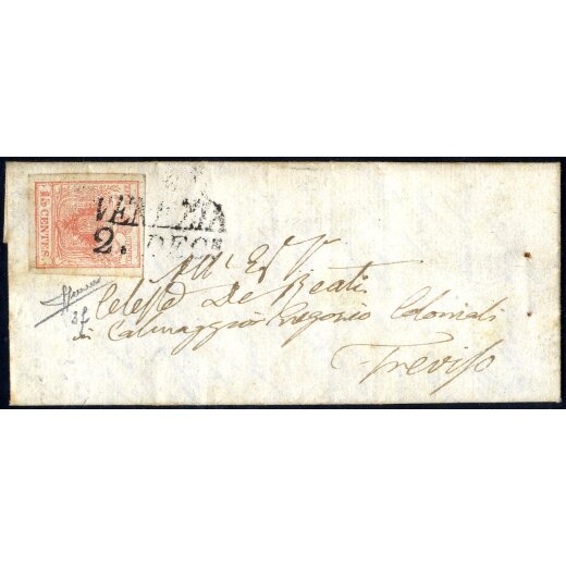 1850, 15 Cent. rosso vermiglio chiaro, primo tipo, su lettera da Venezia, firm. Sorani (Sass. 3f - ANK 3HI)