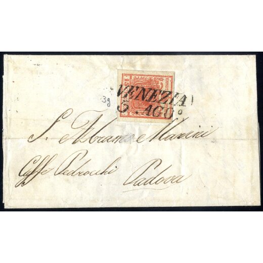 1850, 15 Cent. rosso vermiglio intenso, primo tipo, su lettera da Venezia (Sass. 3g - ANK 3HI)