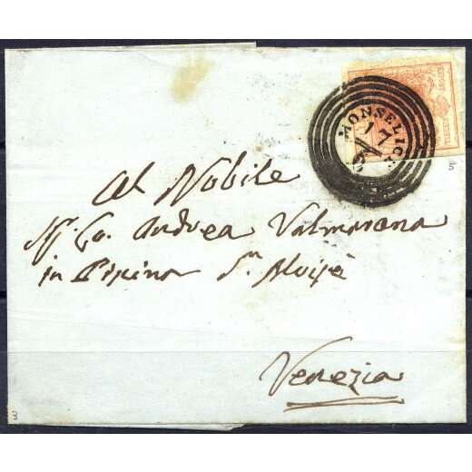 1850, 15 Cent. rosa. secondo tipo su lettera da Monselice (Sass. 5 - ANK 3HII)