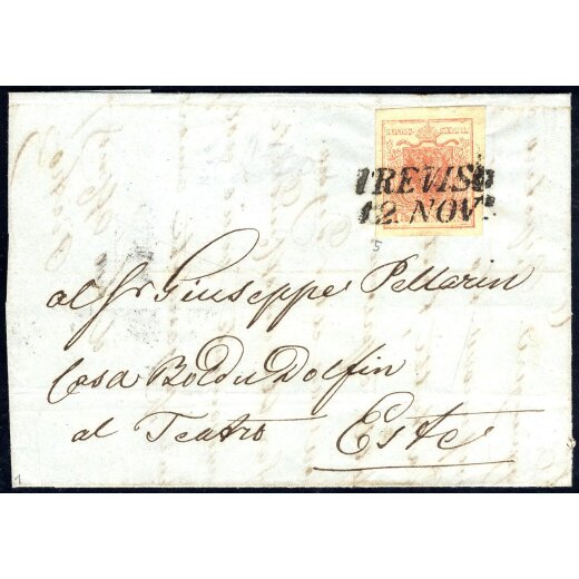 1850, 15 Cent. rosa. secondo tipo su lettera da Treviso (Sass. 5 - ANK 3HII)