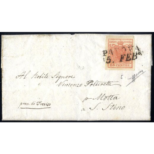 1850, 15 Cent. rosa. secondo tipo su lettera da Padova (Sass. 5 - ANK 3HII)