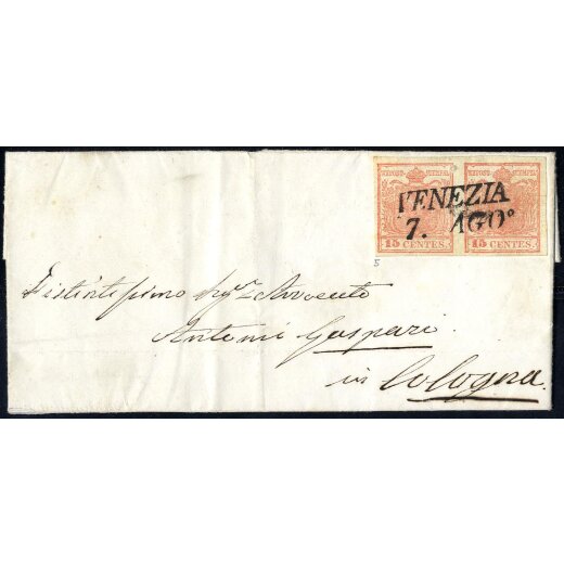 1850, 15 Cent. rosa, secondo tipo, coppia su lettera da Venezia (Sass. 5 - ANK 3HII)
