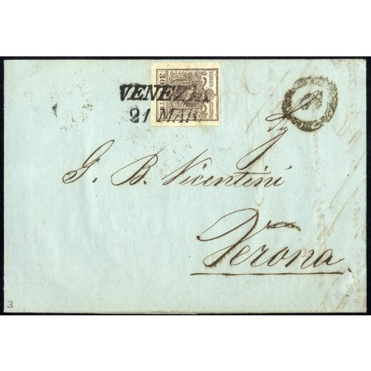 1850, 30 Cent. bruno, primo tipo, su lettera da Venezia (Sass. 7 - ANK 4HI)