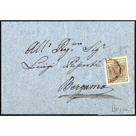 1850, 30 Cent. bruno scuro, secondo tipo, su lettera da Bergamo, firm. Sorani (Sass. 8 - ANK 4HIII)