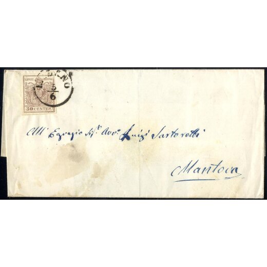 1854, 30 Cent. bruno, carta a macchina, su lettera da Milano (Sass. 21 - ANK 4MIII)