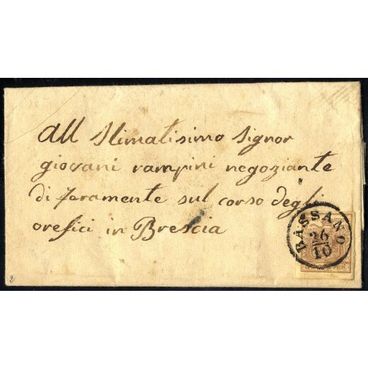 1854, 30 Cent. bruno, carta a macchina, su lettera da Bassano (Sass. 21 - ANK 4MIII)