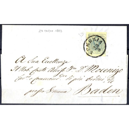 1850, 45 Cent. azzurro ardesia su lettera da Venezia, firm. E. Diena (Sass. 11 - ANK 5HII)