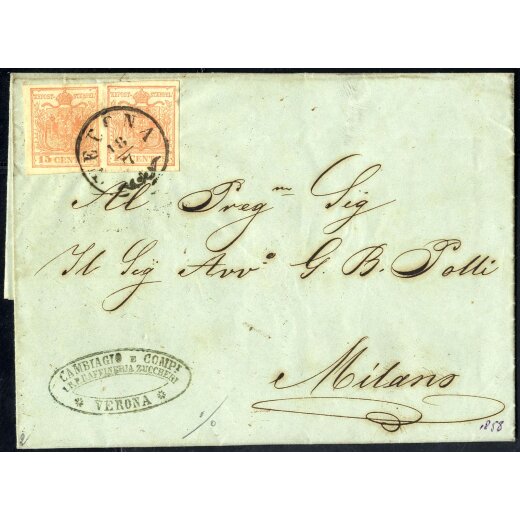 1854, 15 Cent. rosso, terzo tipo, due esemplari su lettera da Verona (Sass. 20 - ANK 3MIII)
