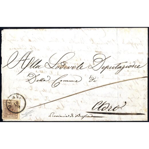 1851, "Carta costolata", 30 Cent. bruno su lettera da Milano, firm. Sorani (Sass. 16)