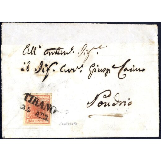 1851, "Carta costolata", 15 Cent, rosso vermiglio, primo tipo, su gran parte di lettera da Tirano (Sass. 14 / 875,-)