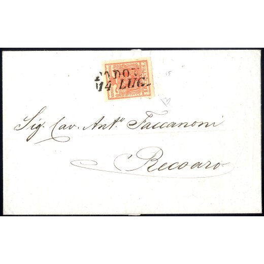1851, "Carta costolata", 15 Cent, rosso vermiglio, secondo tipo, su lettera da Padova 14.7.1851 per Recoaro, cert. E. Diena (Sass. 15 / 3000,-)