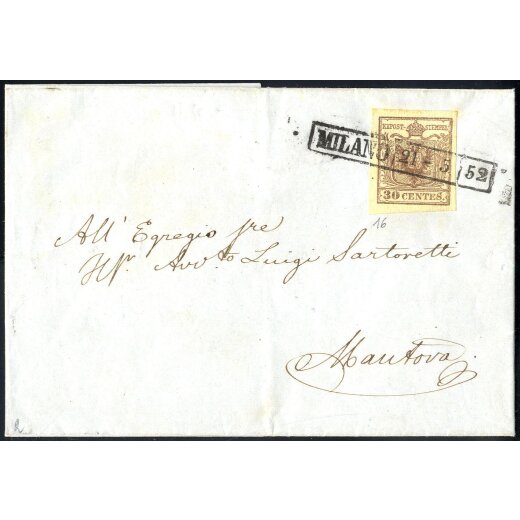 1851, "Carta costolata", 30 Cent. bruno rossastro su lettera da Milano (Sass. 16 - 550,-)