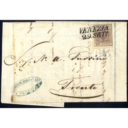 1851, "Carta costolata", 30 Cent. bruno rossastro su lettera da Venezia (Sass. 16 - 550,-)