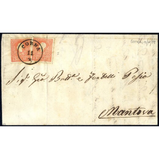 1858, 5 Soldi rosso, primo tipo, due esemplari su lettera da Corna 11.4.1859 (Sass. 25 - ANK 9I)