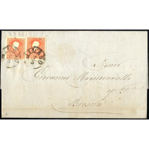1858, 5 Soldi rosso, primo tipo, due esemplari su lettera da Milano 7.3.1859 (Sass. 25 - ANK 9I)