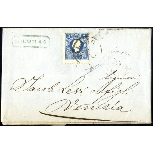 1858, 15 Soldi azzurro, primo tipo su lettera da Milano, firm. Sorani (Sass. 27 / 1000, - ANK 11I)