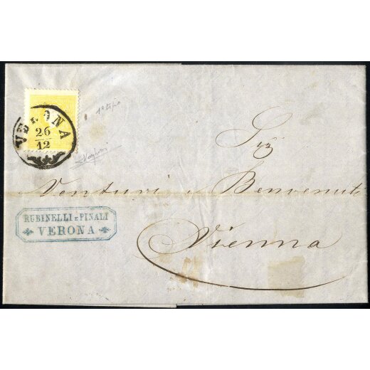 1858, 2 Soldi giallo, primo tipo, su circolare da Verona 6.12. per Vienna, cert. Raybaudi (Sass. 23 - ANK 6I)