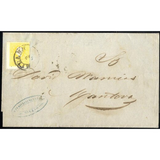 1858, 2 Soldi giallo, primo tipo, su circolare da Milano 2.4.1859 per Mantova, cert. Diena (Sass. 23 / 3000,-)