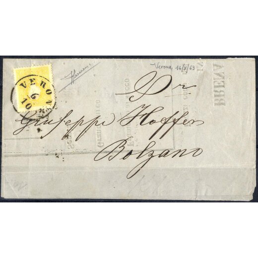 1859, 2 Soldi giallo secondo tipo, su circolare da Verona il 6.10., per Bolzano, firmata Sorani (Sass. 28 - ANK 6II)