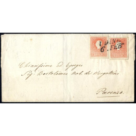 1859, 5 Soldi rosso, secondo tipo, due esemplari su lettera da Udine (Sass. 30 - ANK 9II)