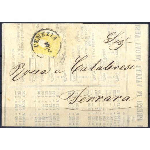1859, 2 Soldi giallo secondo tipo, su listino a stampa da Venezia il 3.5., per Ferrara, (Sass. 28 - ANK 6II)