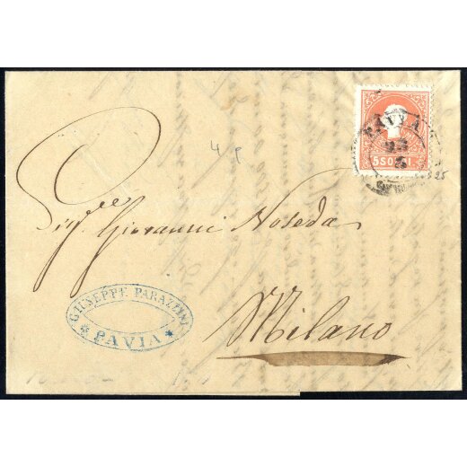 1858, 5 Soldi rosso primo tipo, su lettera da Pavia il 23.3., per Milano, (Sass. 25 - ANK 9I)